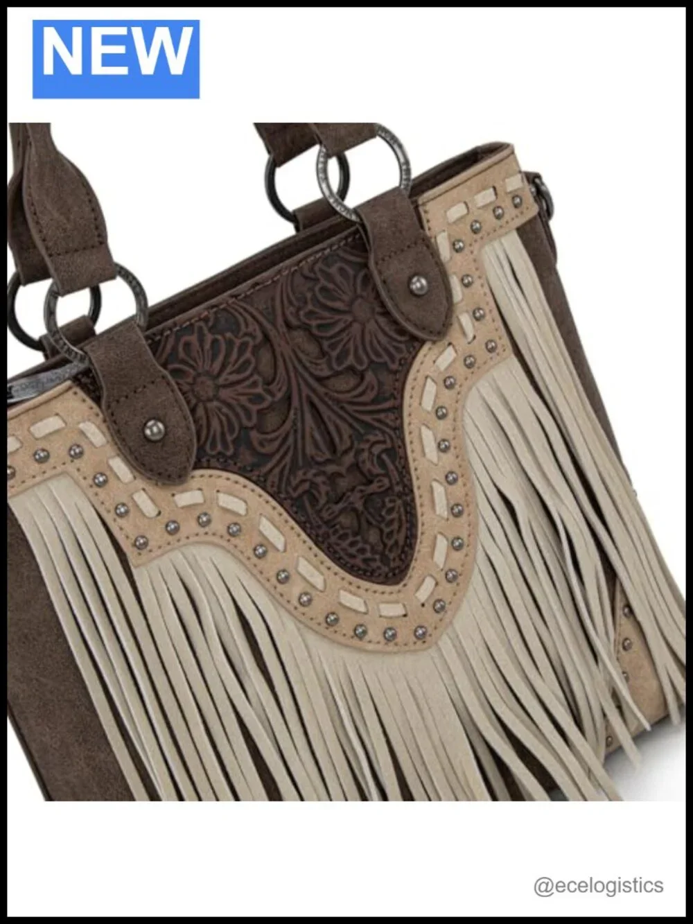 Genuine Leather Floral Tooled Western Fringe Crossbody Tote Bag
